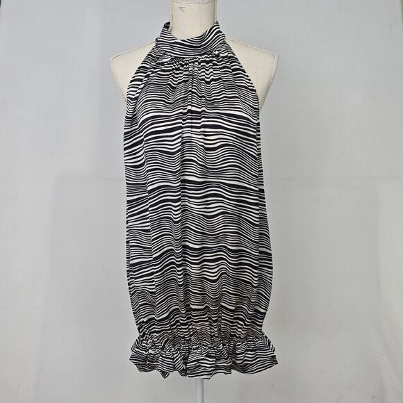 Bebe Women’s M Black White Stripe 100% Silk Halter Tunic Blouse Keyhole Back - Picture 1 of 9
